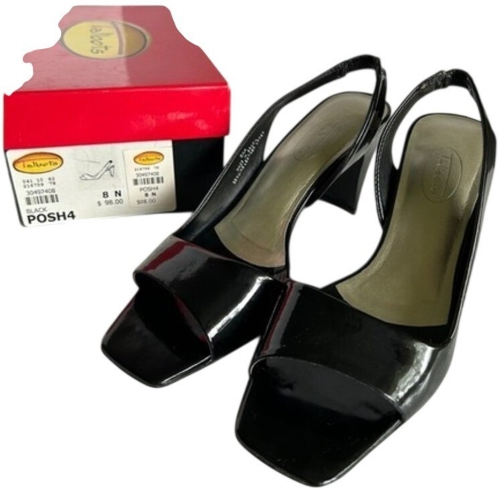 Talbots Women's Black Patent Leather Heels Square Open Toe Slingback 8 Narrow - Picture 7 of 16